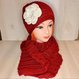 Handcrafted Crocheted Red Beanie & Scarf Bundle With Changeable Flowers